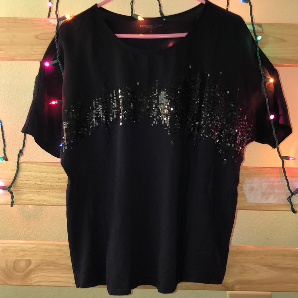 Coldwater Creek // Stripe Sequined Navy Blouse